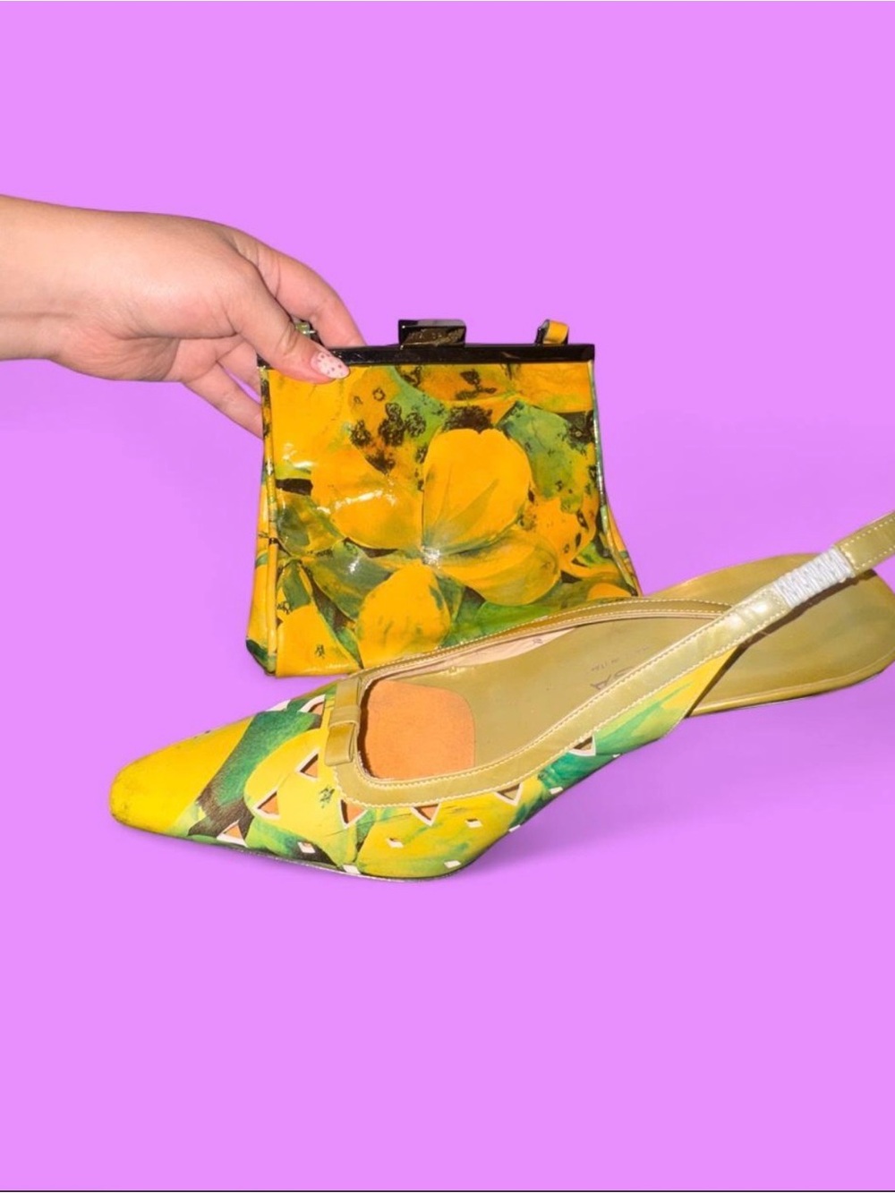 Via Spiga Yellow Floral Pointed Slingback Flats with Matching Clutch